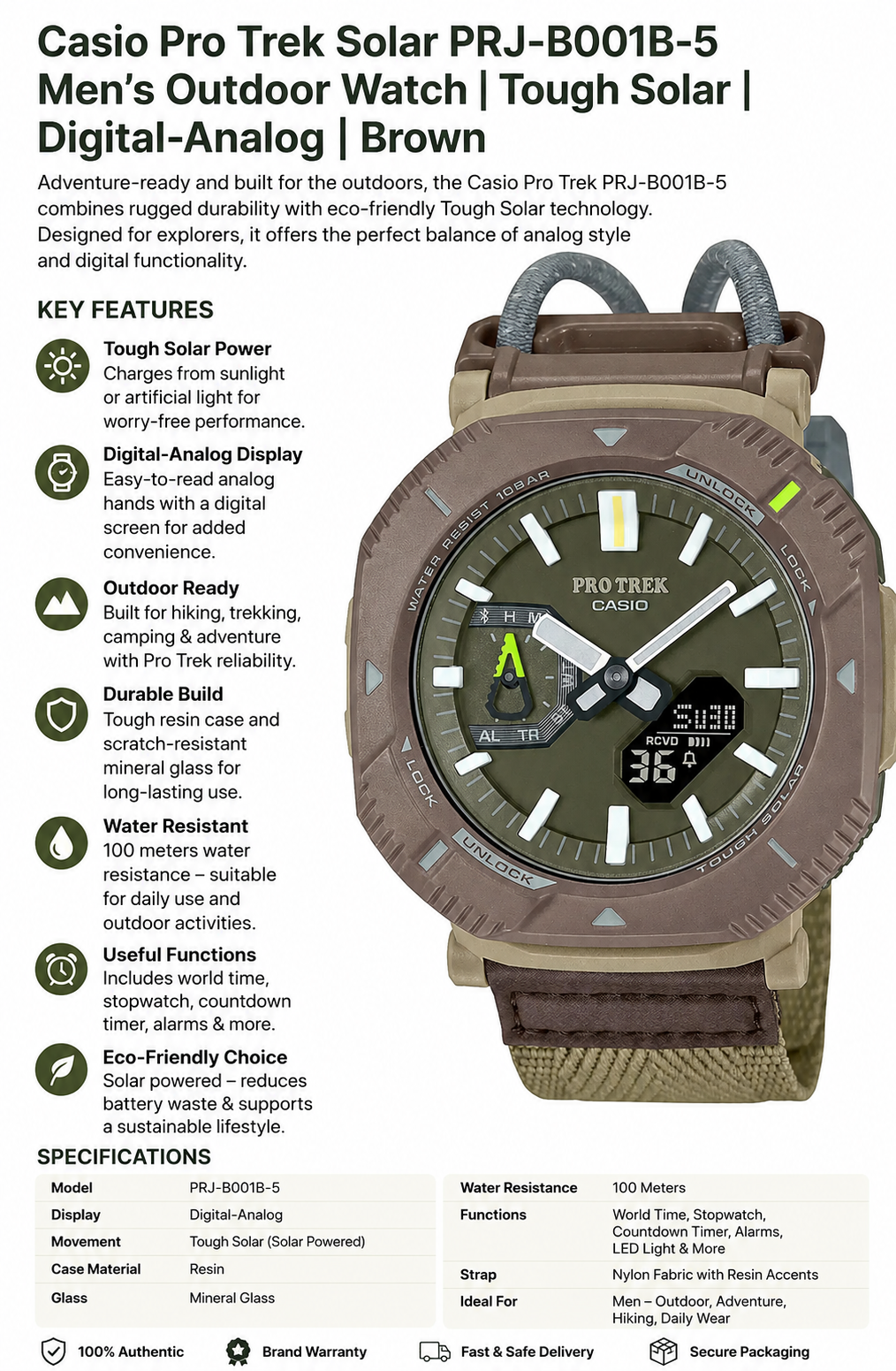Casio Pro Trek Tough Solar Outdoor Watch Brown Premium Digital Analog Men’s Adventure Watch Water Resistant
