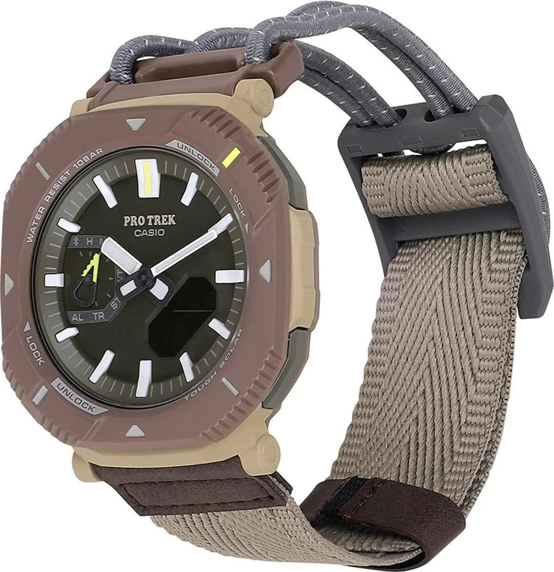 Casio Pro Trek Tough Solar Outdoor Watch Brown Premium Digital Analog Men’s Adventure Watch Water Resistant
